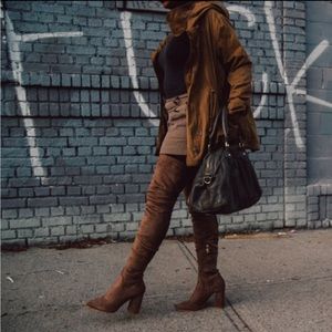 Thigh high fitted suede taupe boots